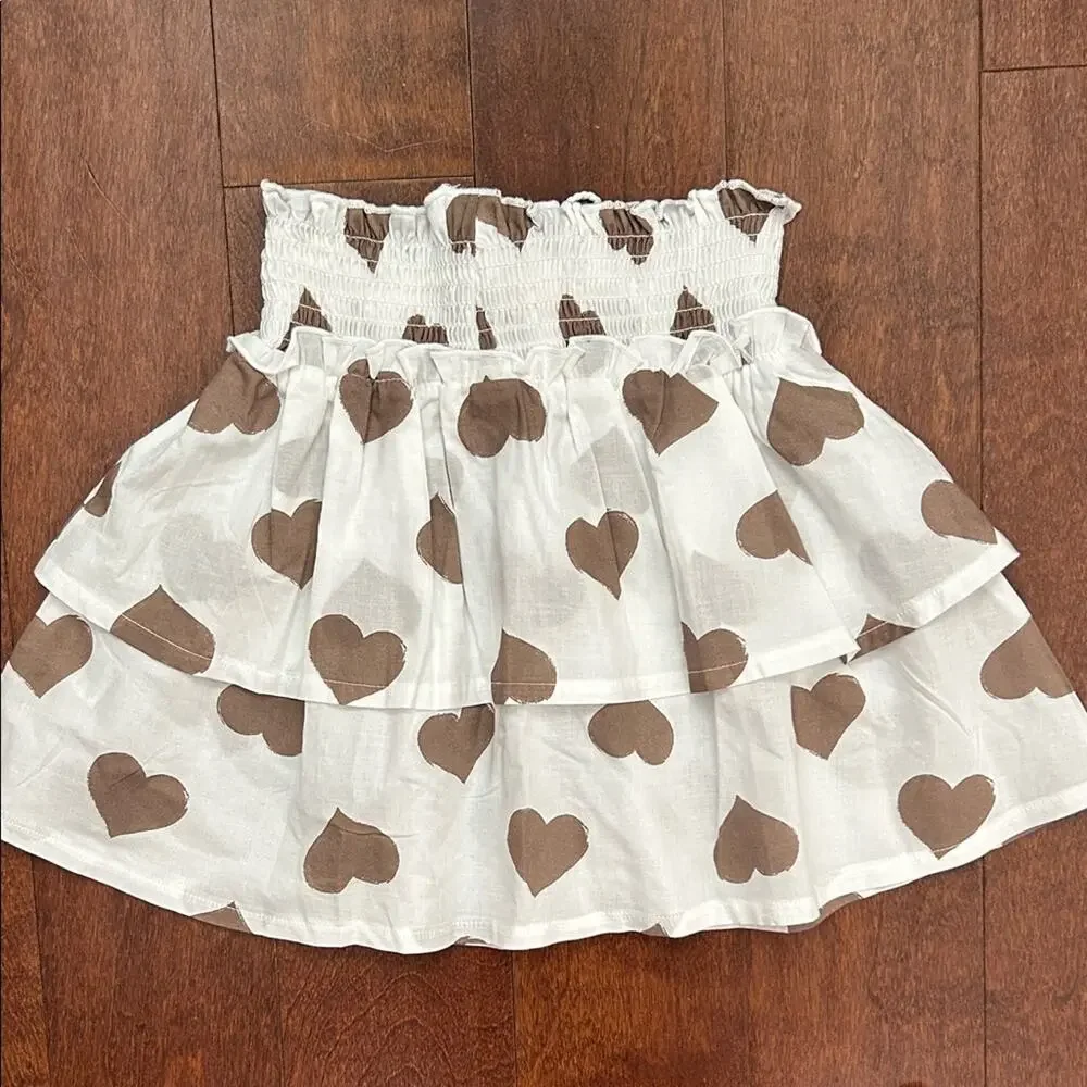 EMC White Tiered Skirt with Brown Heart Pattern, Size 7